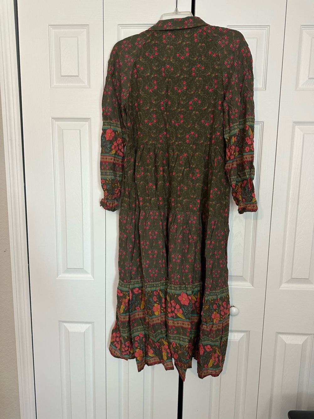 NATURAL LIFE Olive Midi Dress with Pink Floral and Multicolor Border - Picture 6 of 8